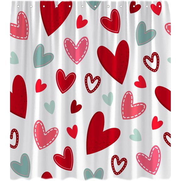 Valentine''s Day Shower Curtain Romantic Red Heart Cute Colorful Hearts Modern Art Dot Sweethearts Love Couple Wedding Lover Creative Bath Curtain with Hooks