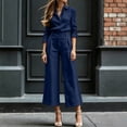 thumbnail image 7 of Cagogo Women's 2 Piece Set Long Sleeve Collared Shirt Wide Leg Pants Casual Outfit Solid Basic Tops Comfy Pants Matching Lounge Sets Travel Airport Clothes, Navy M, 7 of 7