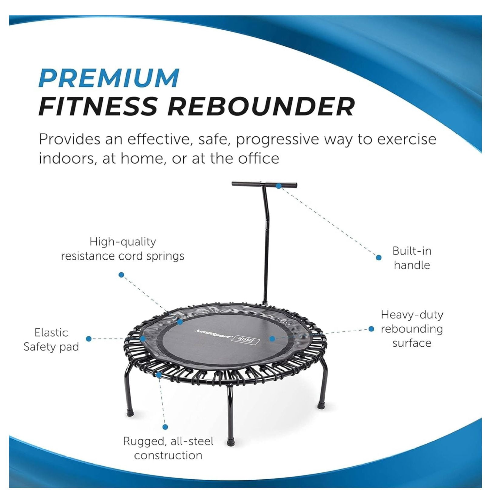 JumpSport Compact Round Lightweight 22 Pound Stable Home and Gym Fitness Indoor Mini Rebounder Trampoline for Adults, Black