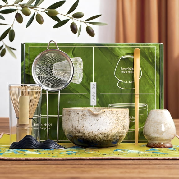 Gaderth Premium Matcha Whisk Set with Ceramic Bowl, 7-Piece Matcha Kit Includes Handcrafted Bamboo Chasen, Stainless Steel Sifter, Scoop & Holder, Perfect Matcha Set Kit for Beginners & Enthusiasts