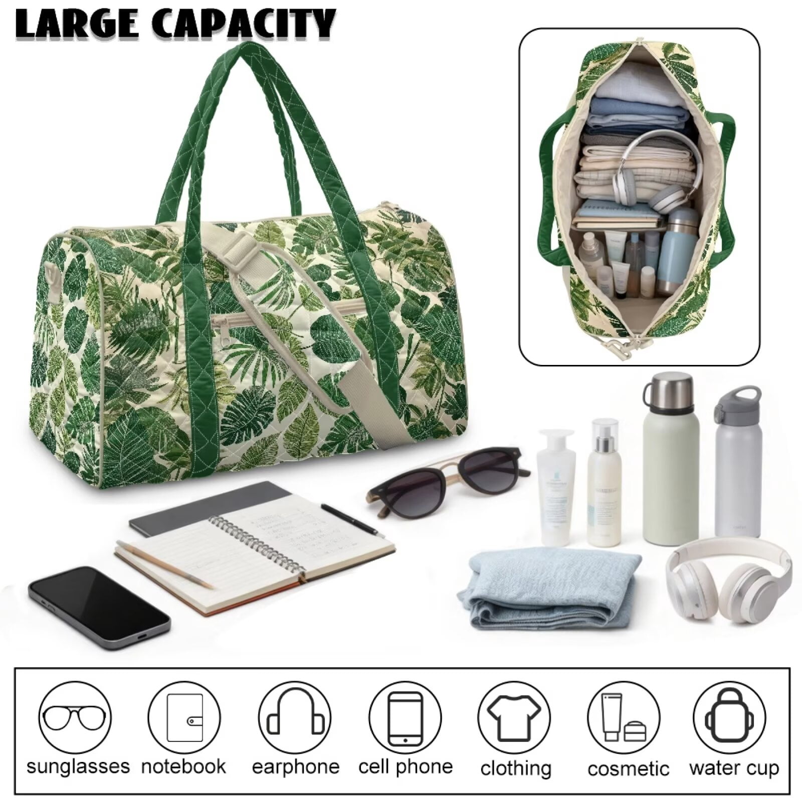 Chririnla Tropical Leaf Print Versatile Weekender Bag with Quilted Fabric & Luggage Handle Strap for Man Women Unisex Gym Bag Fits Under Seat