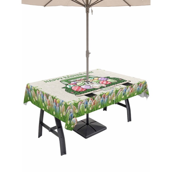 Spring Easter Outdoor Tablecloth - 52x70 Inch Rectangle Dining Table Cover, Easter Eggs Bunny Truck Botanical Burlap Waterproof Outdoor Table Cloth with Umbrella Hole & Zipper for Picnic/Patio/Party