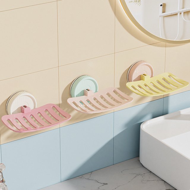 Caja de jabón con ventosa | Instalación sin agujeros montada en la pared | Plástico multicolor estilo dopamina | Rayas huecas de drenaje rápido | Portátil Desmontable | 12x10x6cm | 1 pieza