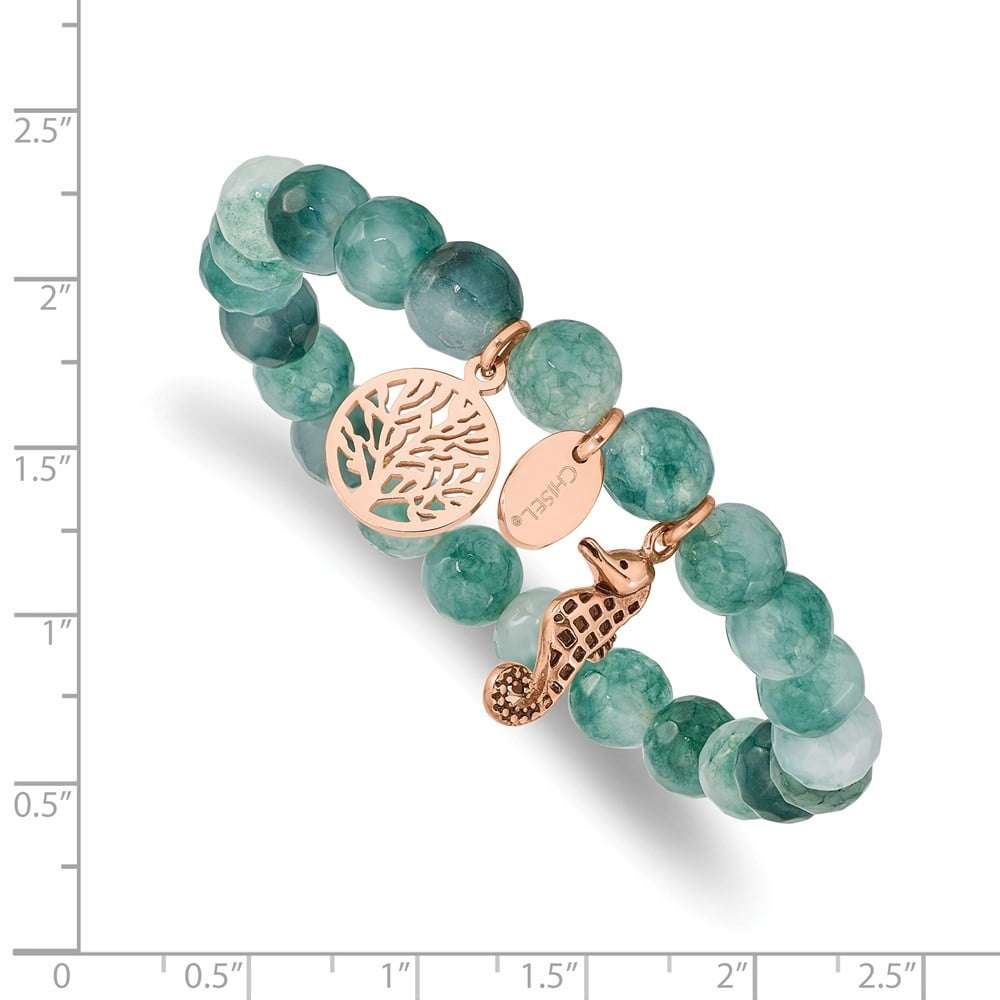 Diamond2Deal Stainless Steel Rose IP-Plated Seahorse and Tree of Life Green Dyed Jade Beaded Stretch Bracelet for Women 6.25"
