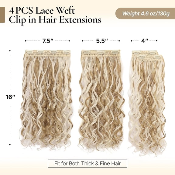WEIF-Curly Clip in Hair Extensions, 4PCS 16 inch Curly/Wavy Hair Extensions Clip ins - Lace Weft Soft Natural Hairpieces for Women (Grey Blonde with Beige Highlights)