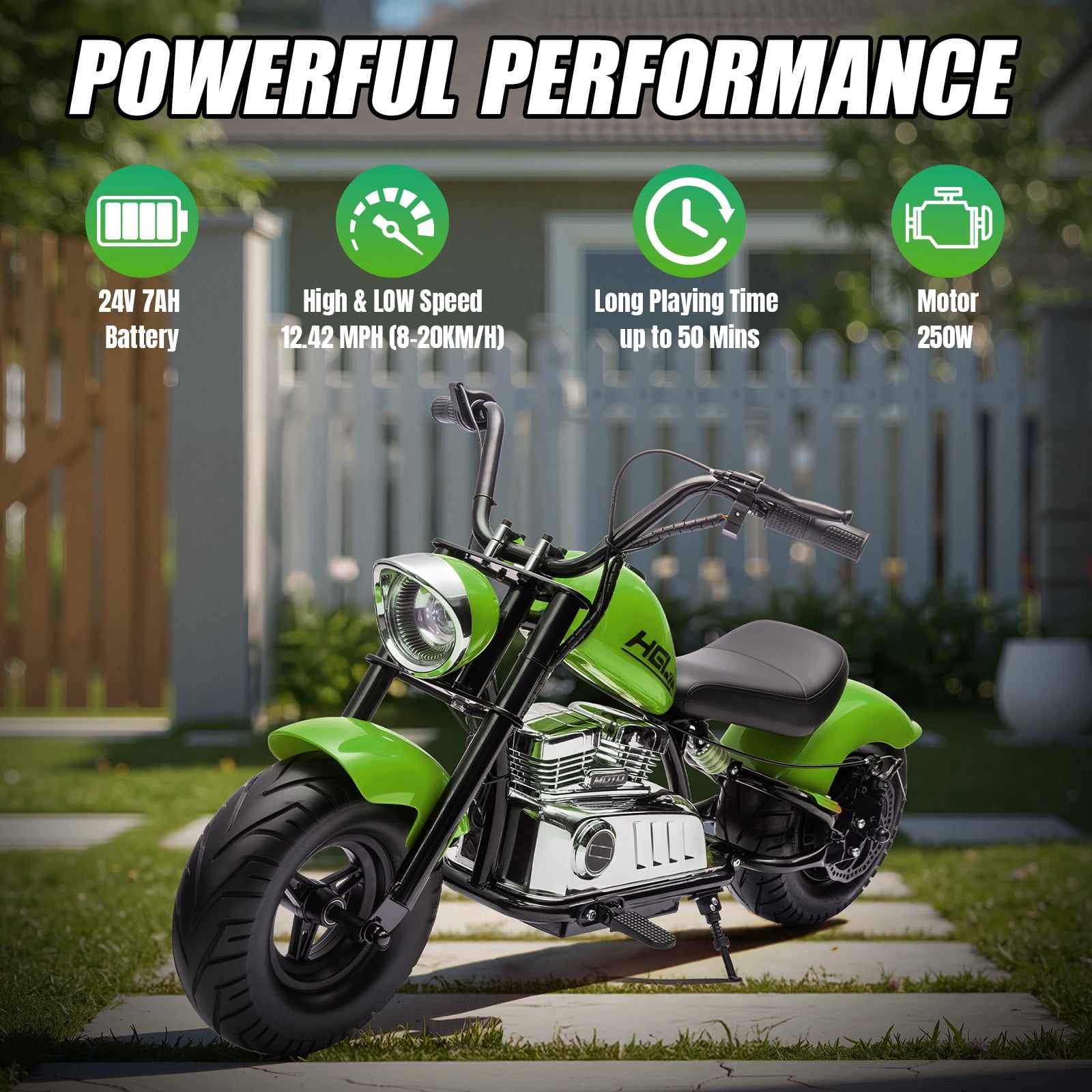 MUKIDY 24V Electric Motorcycle for Kids, 250W Ride on Motorcycle with Twist Grip Throttle, Key Start, Music, Speed up to 12.4 mph, Age 8+, Green