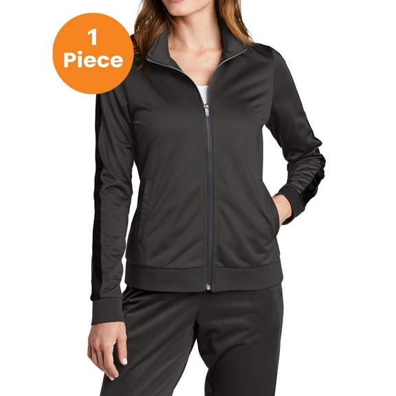 Sport-Tek LST94 Ladies Full-Zip Tricot Track Jacket , Graphite Grey/ Black, XS, Womens Activewear