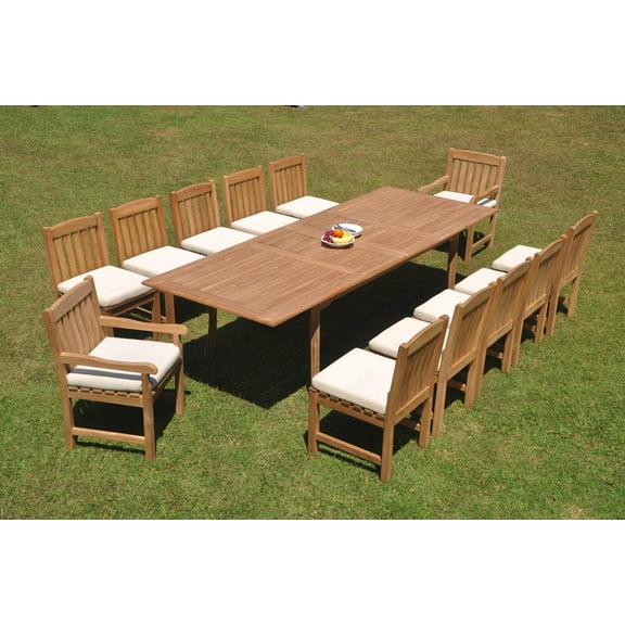 Grade-A Teak Dining Set: 12 Seater 13 Pc: 118" Double Extension Rectangle Table And 12 Devon Chairs (2 Arm & 10 Armless Chairs) WholesaleTeak #WMDV38