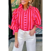 Stylish Striped Women's Shift Blouse – Button Down Shirt with Knot Detail, Versatile Summer Top for Professionals, M