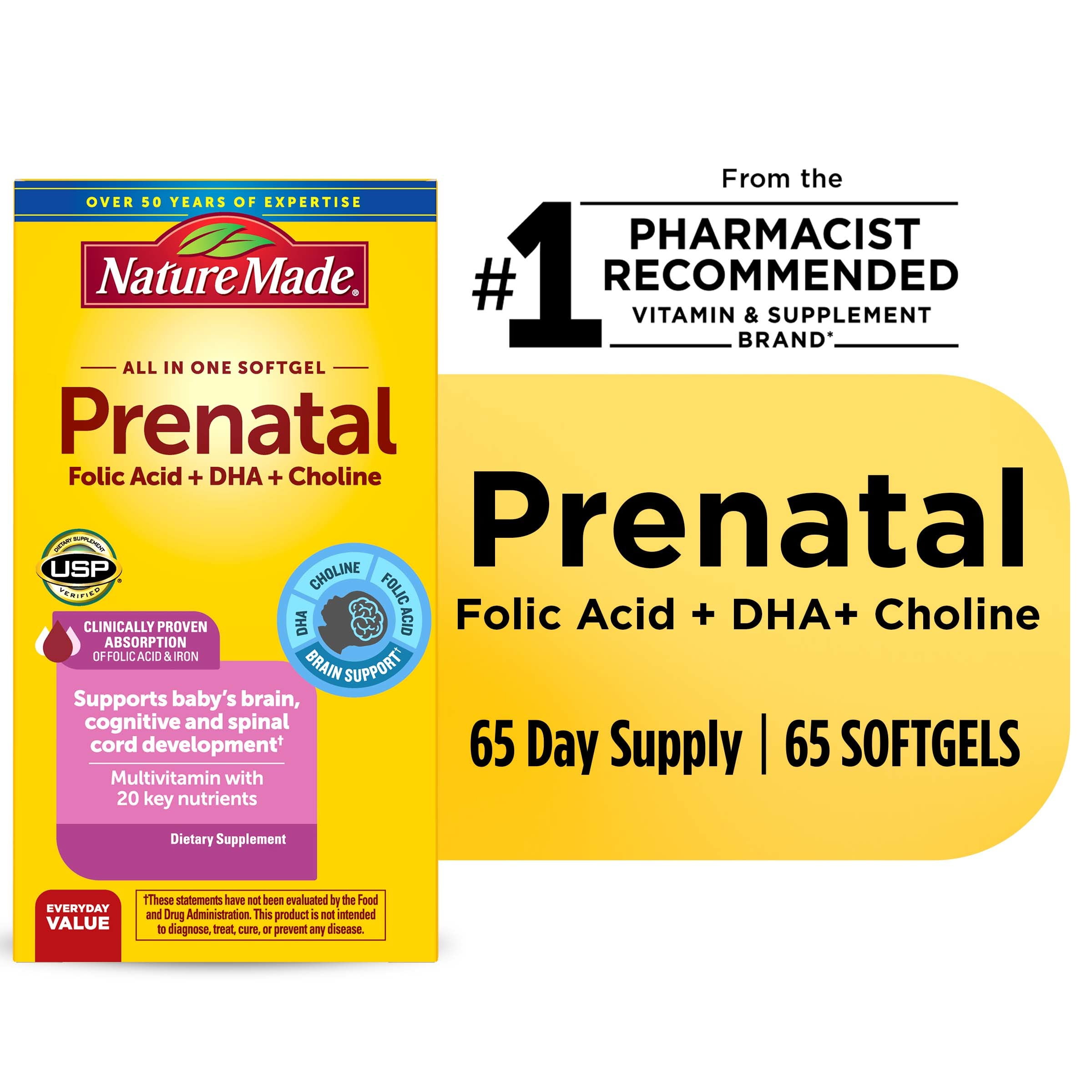 Nature Made Prenatal Multivitamin with Folic Acid, DHA and Choline