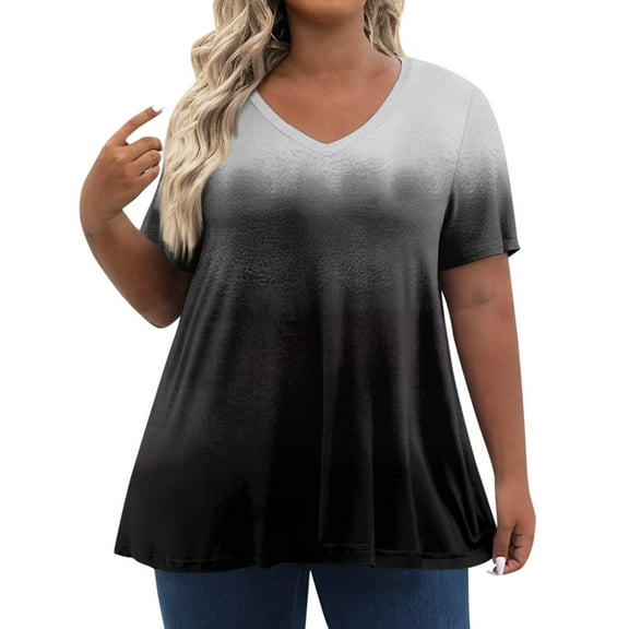 TQWQT Women's Plus Size Tops 4x-5x Plus Spring Tops V Neck Gradient Print Short Sleeves Tee Dressy Casual Blouses 5x Women Plus Size Clothing Navy L