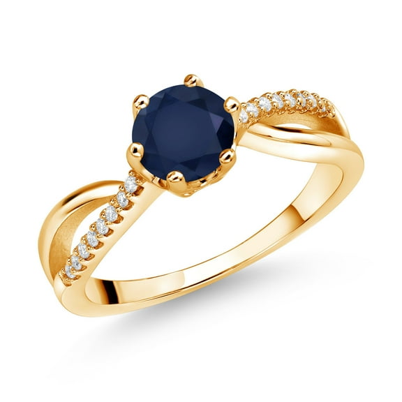 Gem Stone King 18K Yellow Gold Plated Silver Ring Round Sapphire and Moissanite (1.18 Cttw) (Size 9)