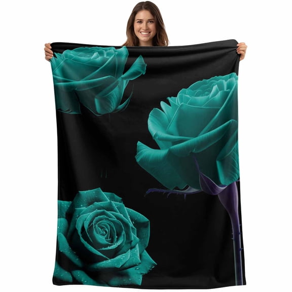 Teal Blue Rose Blanket Soft Cozy Warm Throw Blanket for Couch, Plush Fuzzy Flannel Fleece Blankets for Sofa, Vintage Abstract Garden Flower Floral Black Bed Blankets Gifts for Men, 40"x50"