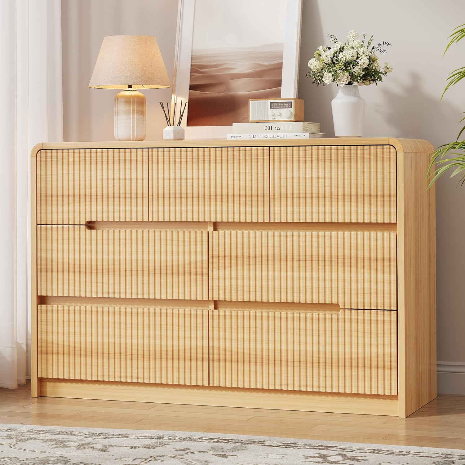 Fluted Dresser for Bedroom, 7 Drawer Dressers for Closet 48" Wide Large Wood Dresser Modern TV Stand, Wooden Clothes Storage Organizer Chest of Drawers for Living Room Hallway Entryway