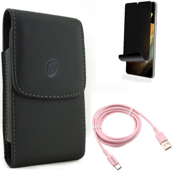 Case Belt Clip & 6ft USB-C Cable & Privacy Screen Protector for Samsung Galaxy S22 Plus (S22 ) - Combo Leather Holster Cover & Pink Charger Cord Power & TPU Film (Fingerprint Works) Anti-Peep