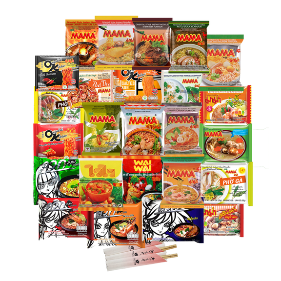 Thai Ramen Noodles Variety Pack with Mama Soup and Wai Wai Quick Instant Noodle, Pack of 15 with chopsticks, 18 Piece Set