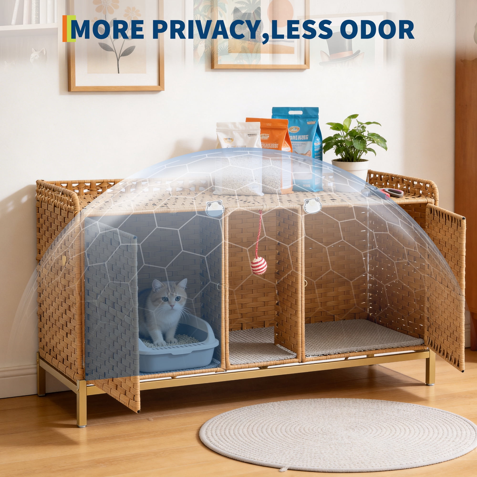 Rattan Double Cat Litter Box Enclosure - Hidden Cabinet for 2 Cats with Removable Mat, S-Shaped Hooks & Play Game - Decorative Large Cat Washroom Furniture for Living Room or Bedroom - Natural Color
