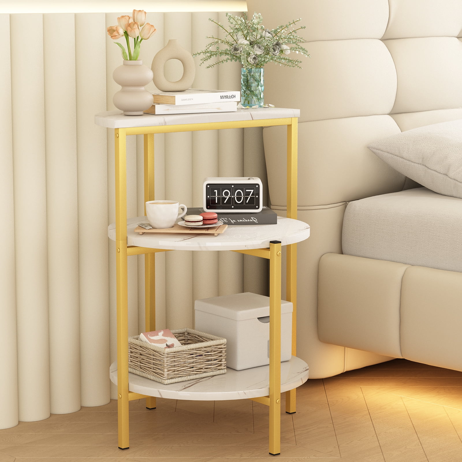 Baxluxe Round Gold Side Table with Storage Shelves, Set of 2 Faux Marble End Table, 3 Legged Accent Coffee Table Nightstand, Metal Frame Small Table, Living Room Table for Small Space, White+Gold