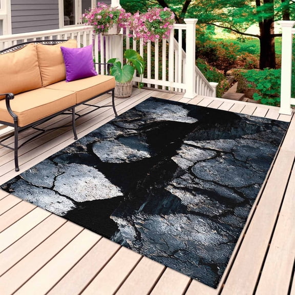 Black Broken Stone Outdoor Rug for Patio/Deck/Porch, Non-Slip Large Area Rug 4 x 6 Ft, Modern Deep Cracks Artistic Indoor Outdoor Rugs Washable Area Rugs, Reversible Camping Rug Carpet Runner