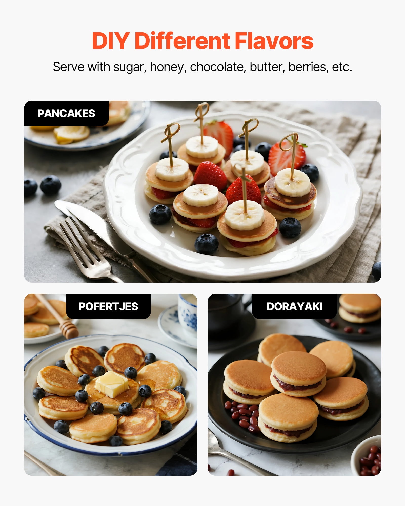 VEVOR Mini Pancake Maker, 25PCS 43mm Diameter Dutch Muffin Waffle Baker, Non-stick Stainless Steel Poffertjes Grill, Commercial Electric Dorayaki Machine, Temp & Time Control, Home Kitchen Restaurant