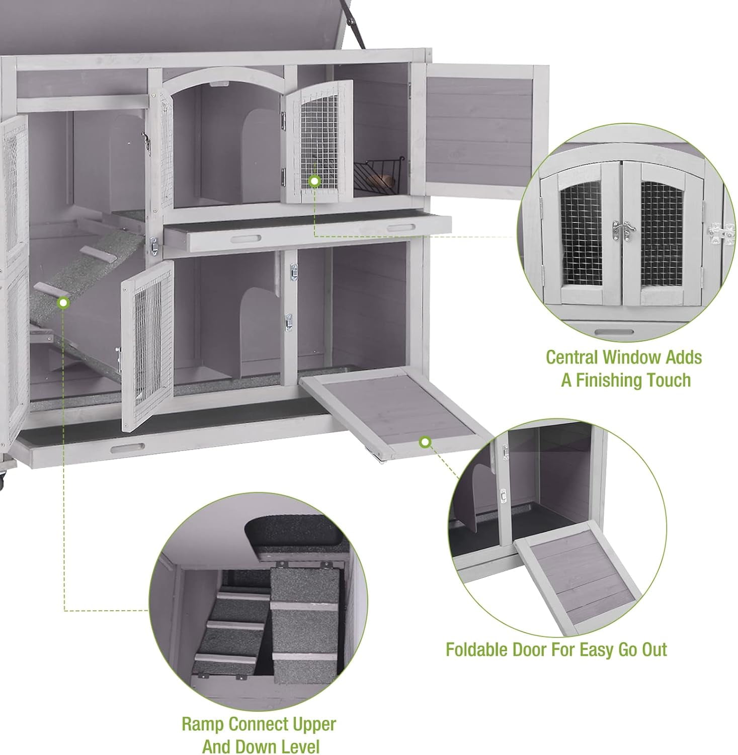 47" Rabbit Hutch Indoor Outdoor Bunny Cage on Wheel Bunny House with Tray