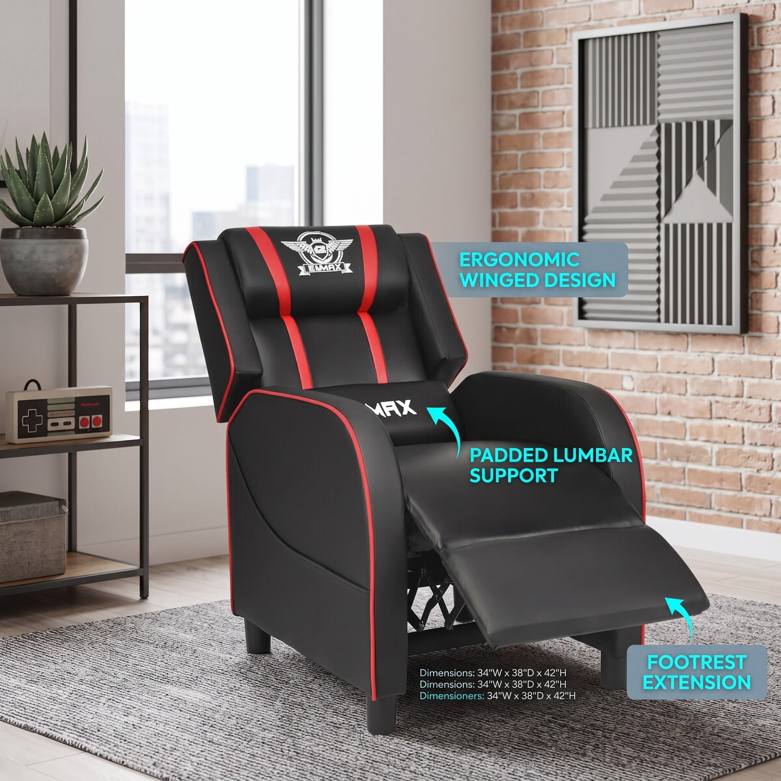 Furnibear Massage Gaming Recliner Chair, Ergonomic PU Leather Racing Style Reclining Sofa with Footrest, Lumbar Massage, Headrest Pillow and Remote for Home, Red