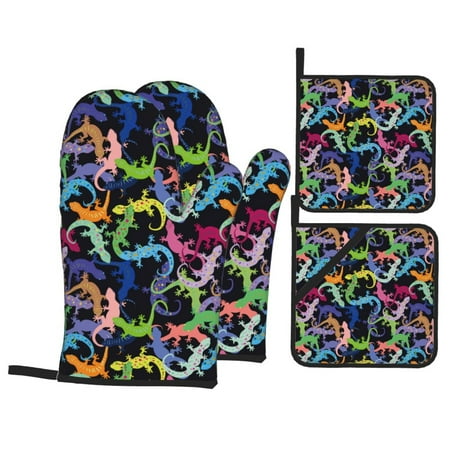

Oven Mitts and Pot Holders Sets 4 pcs Cute Gecko Lizard Green Colorful Non-Slip Oven Gloves Potholders Soft Quilted Lining Heat Resistant Gloves Hot Pads for Kitchen Cooking Baking