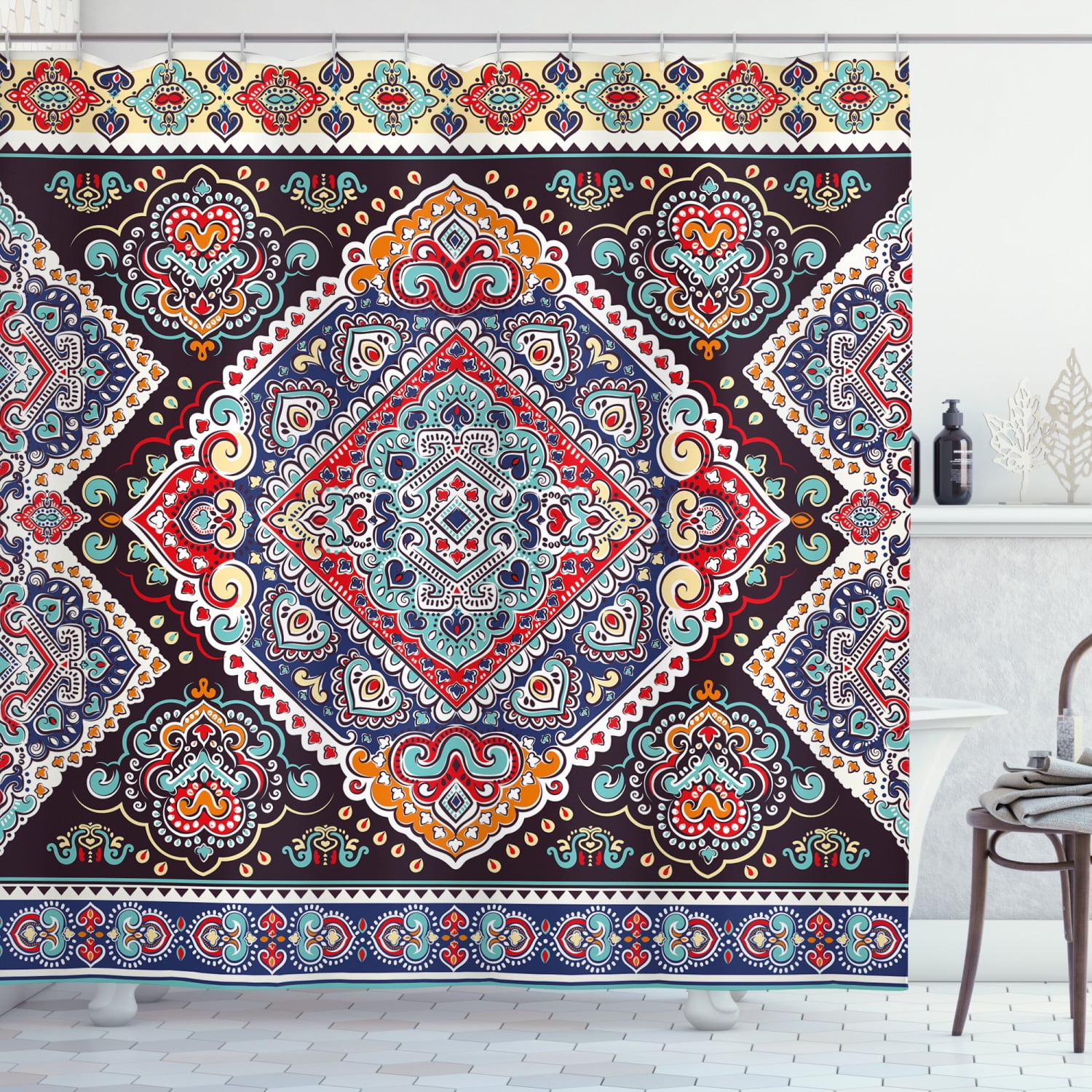 Ethnic Shower Curtain, Vibrant Vintage Framework Bohemian Curvy Ornate