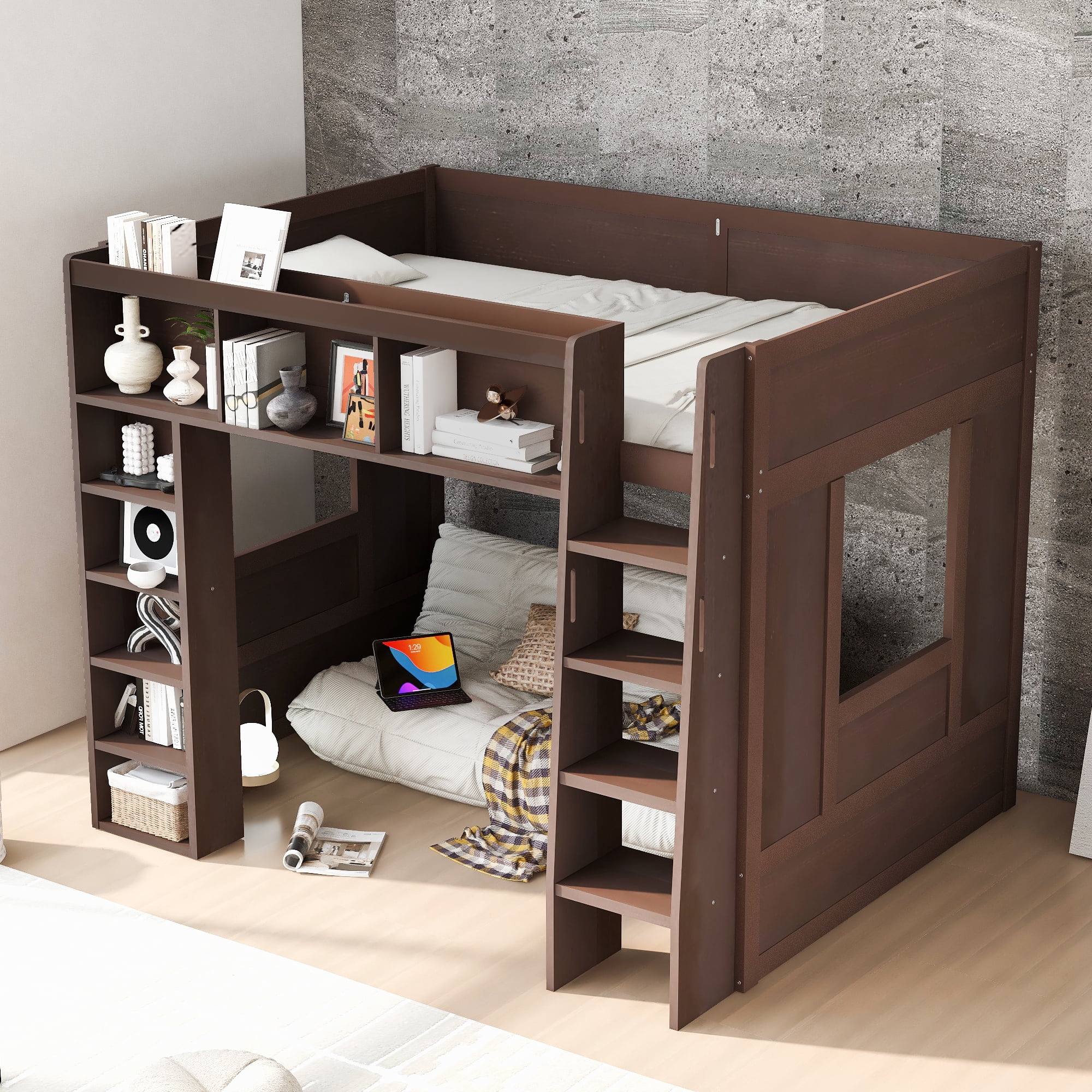 Euroco Wood Queen Size Loft Bed with Storage Cabinets and Shelves, Brown