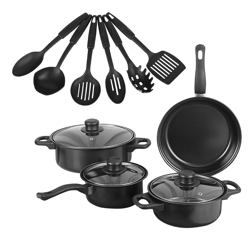 MDHAND 13-Piece Nonstick Cookware Set, Black Kitchen Pots and Pans Set with Glass Lids, Durable Iron Construction, Gift Box Packaging