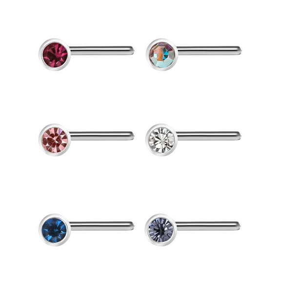 Body Jewelry Women's Assorted Multi-Colored Crystal Stainless Steel 22G Nose Studs, 6