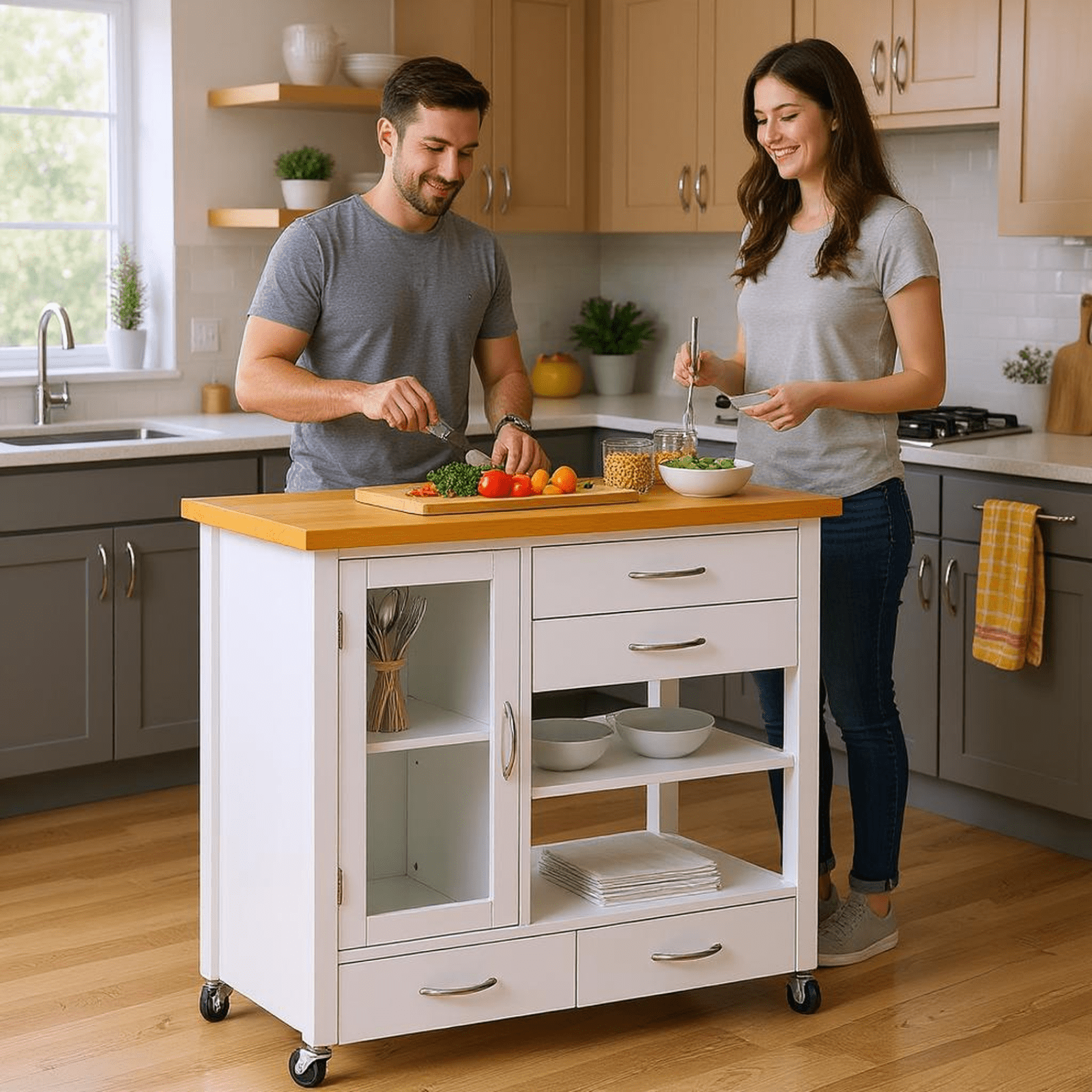 Homy Casa Kitchen Island Cart with Drawers, Shelves, and Glass Door, Rolling Storage Cabinet on Wheels