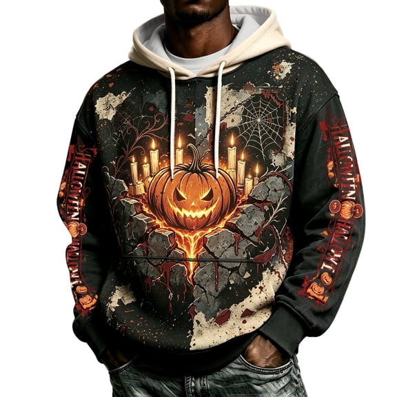 Men's Hoodie SweatShirts Casual Drawstring Kangaroo Pocket Halloween Graphic Print Loose Fit French Terry Pullover Long Sleeve Tops Khaki M