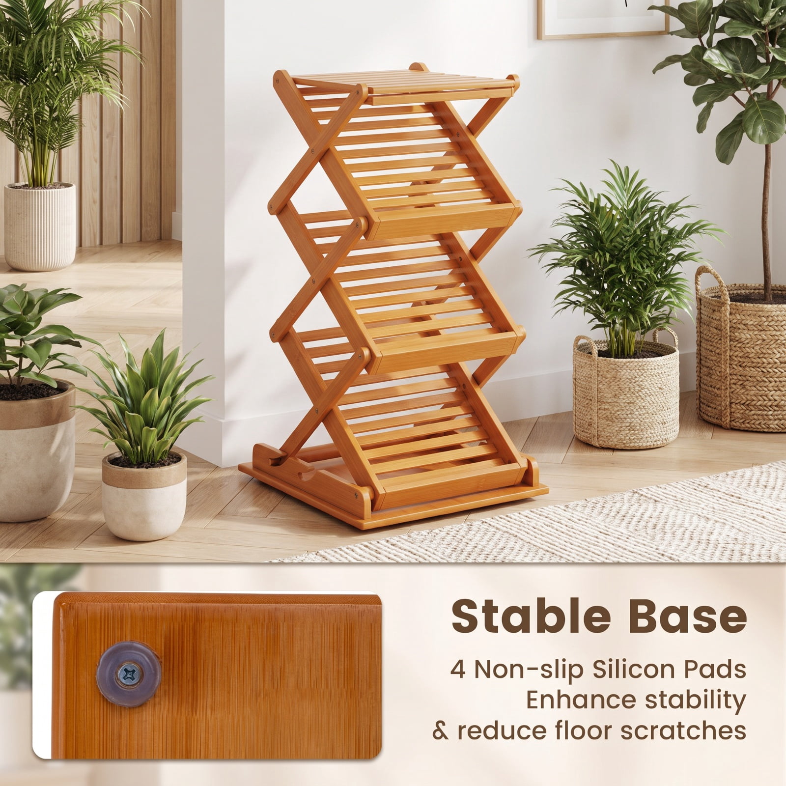 Furnibear Foldable Bamboo Magazine Rack with 2 Adjustable Positions for Living Room Home Office Bedroom Display Storage Shelf, Walnut