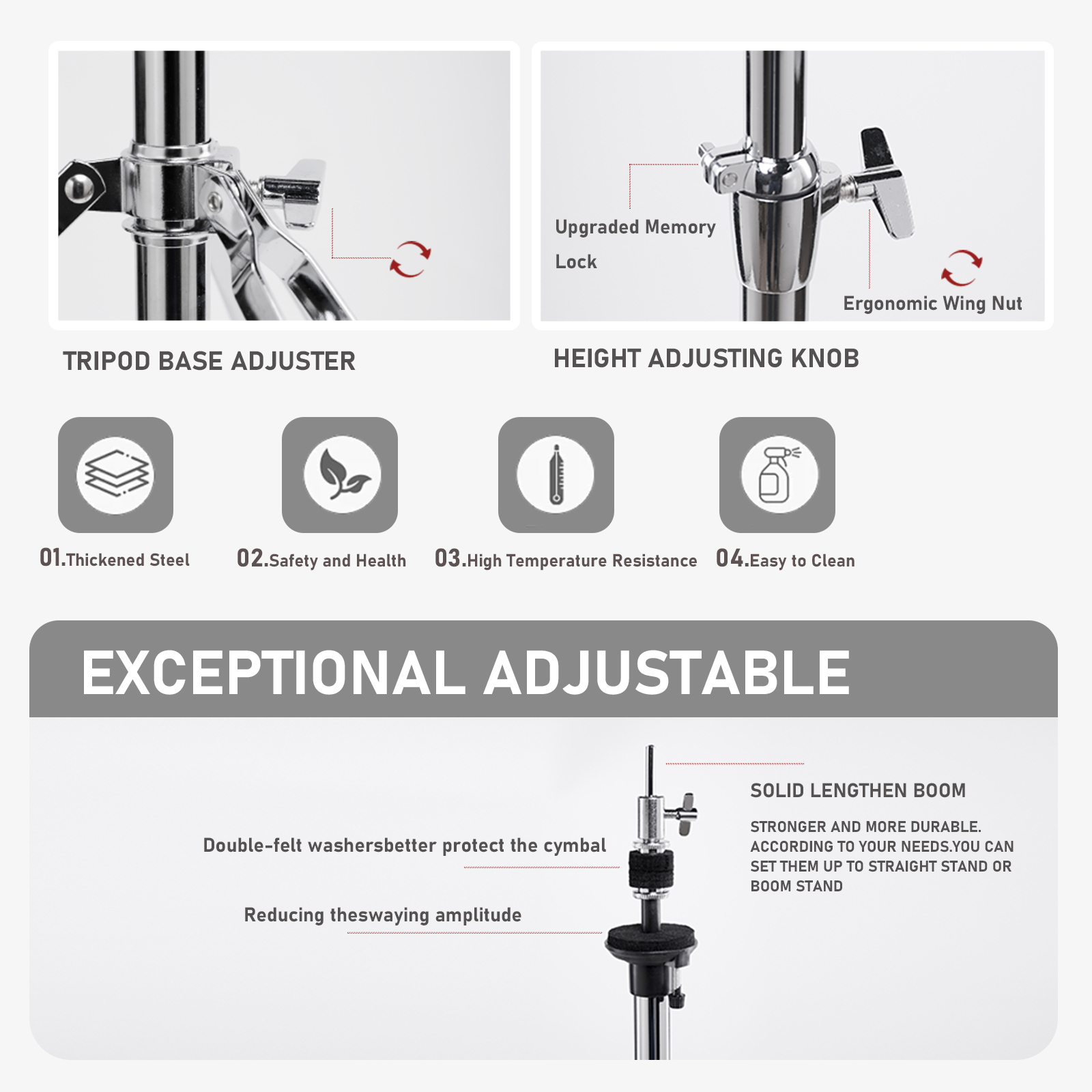 Vaisoeny Hi Hat Stand，Three Legs Hi-Hat Stand，Adjustable Height 23.6" to 39.3", Double Braced High Hat Stand with Widened Non-Slip Rubber Feet (V-CC-YQ06)