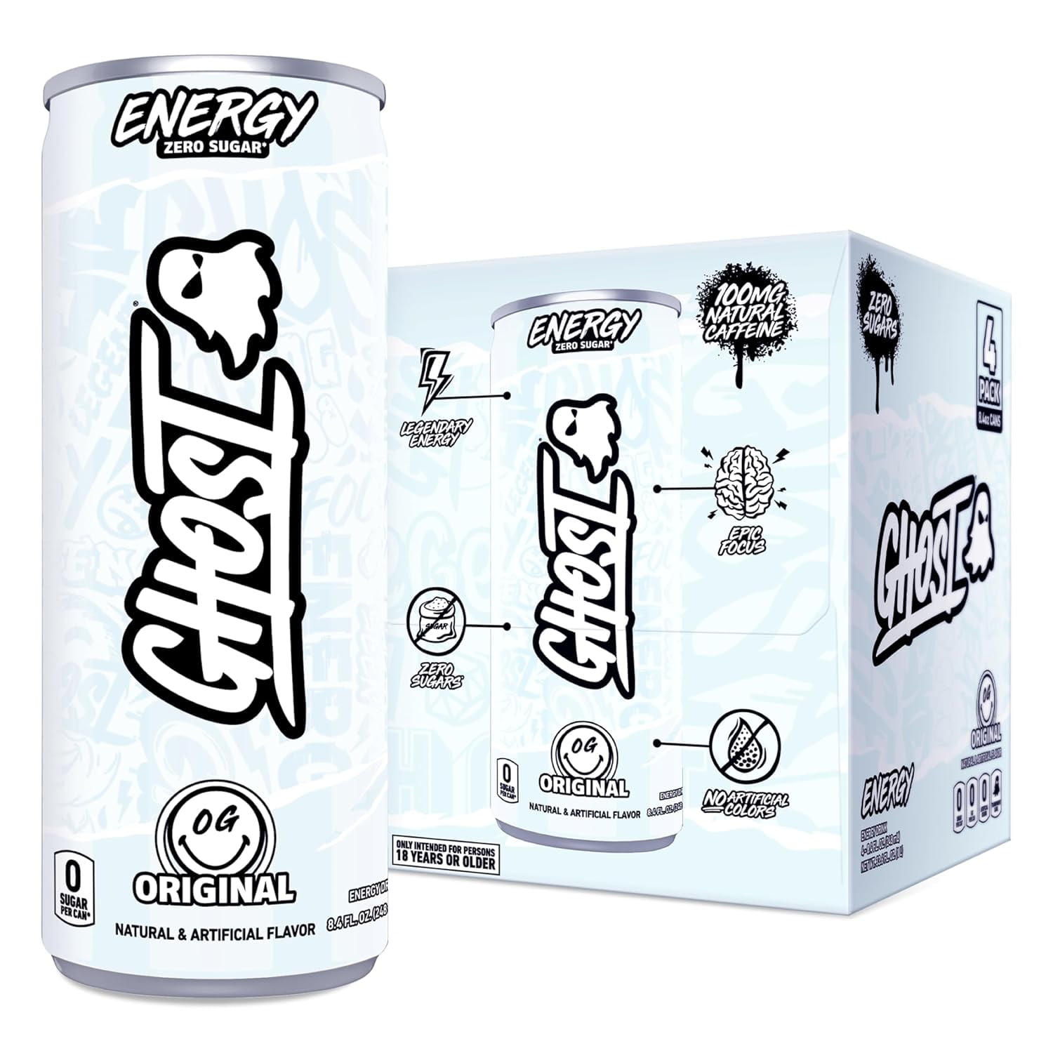 GHOST® ENERGY Zero Sugars Energy Drink, Original Flavor, 100mg Natural Caffeine, 8.4 fl oz, 4 Pack Cans