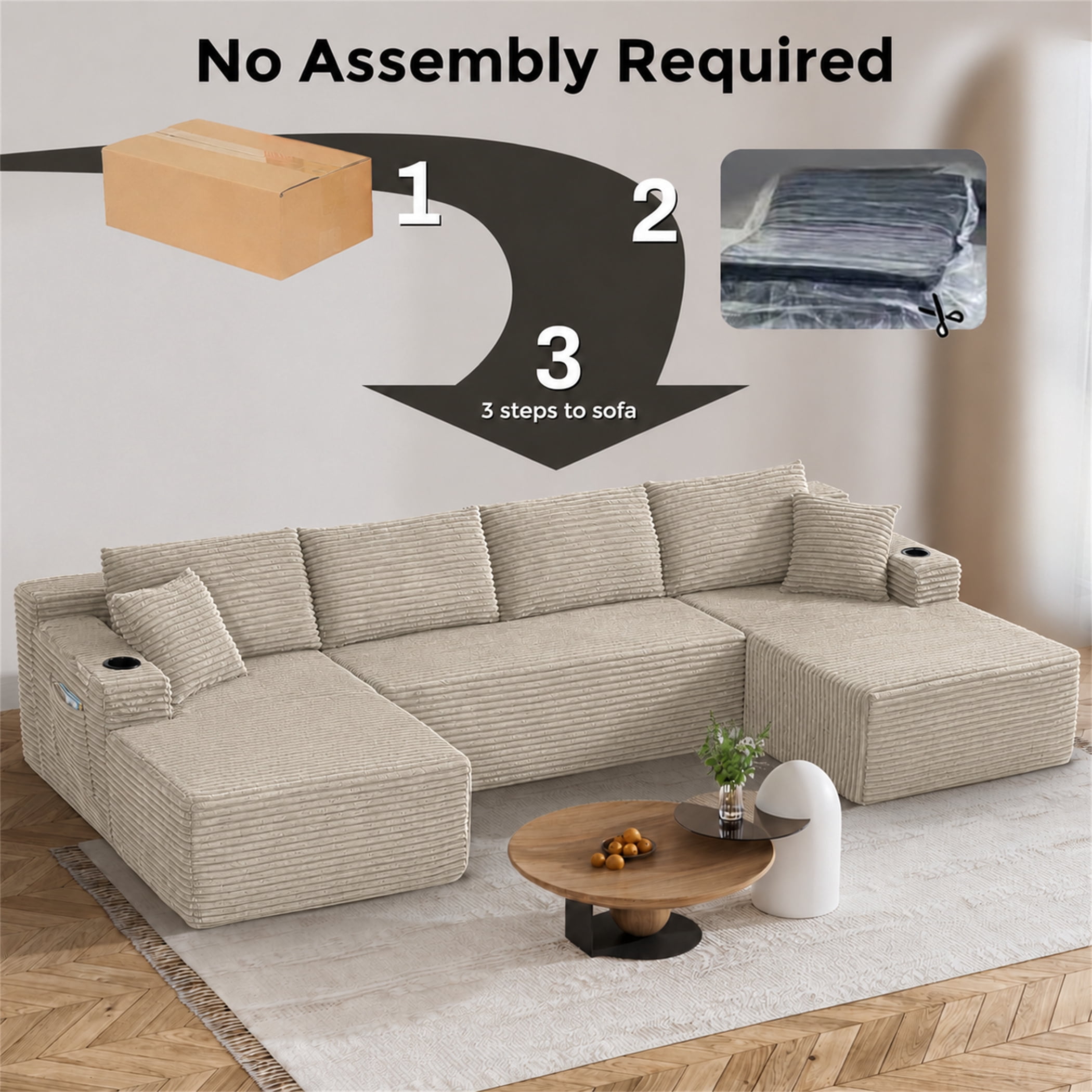 Aukfa 133" Cloud Sectional Sofa Oversized Boneless Couch Modular U-Shaped Couch, Double Chaise Corduroy Sofa for Living Room, Camel