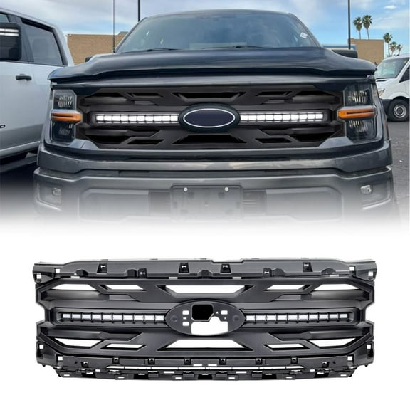 AMERICAN MODIFIED Armor Grille w/LED DRL Turn Signal Lights & Emblem Hole Matte Black ABS For 2024  Ford F150 Tremor