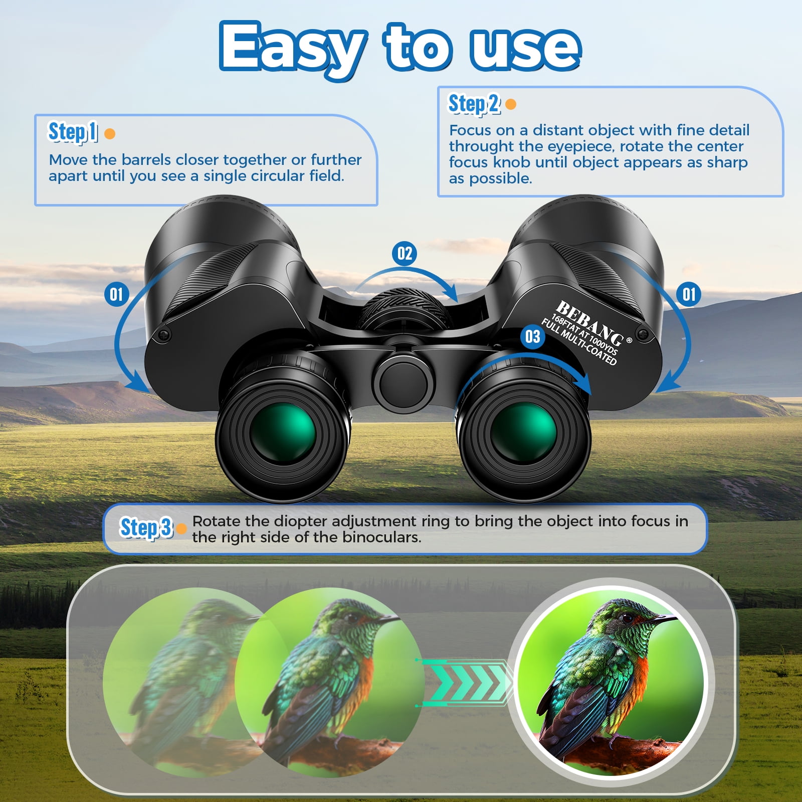 BEBANG 20X50 Binoculars for Adults, FMC & BAK-4 Porro prism,  HD High Powered Binoculars, Waterproof Binoculars for Bird Watching Hunting Hiking Camping