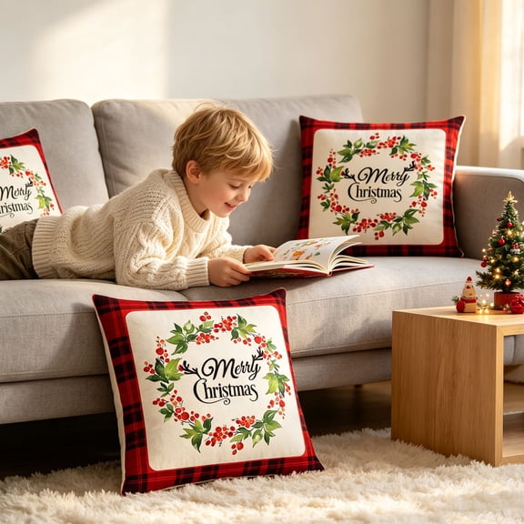 PiGOGI Christmas theme Pillow Covers Festive Throw Pillow Cases Xmas Decorative Cushion Covers Soft Washable for Sofa Bedroom Polyester