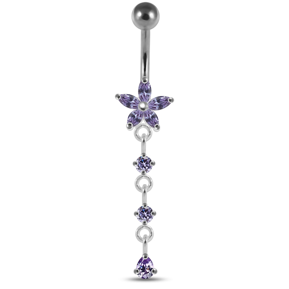 Silver Belly Rings CZ Gemstone 2 Square and Teardrop Gem Dangling 925 Sterling Body Jewelry 