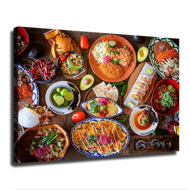 Lienzo vista cenital surtido completo de platillos típicos mexicanos, nachos, tacos, camarones, arroz y cócteles, decoración gastronómica para restaurante y cocina.