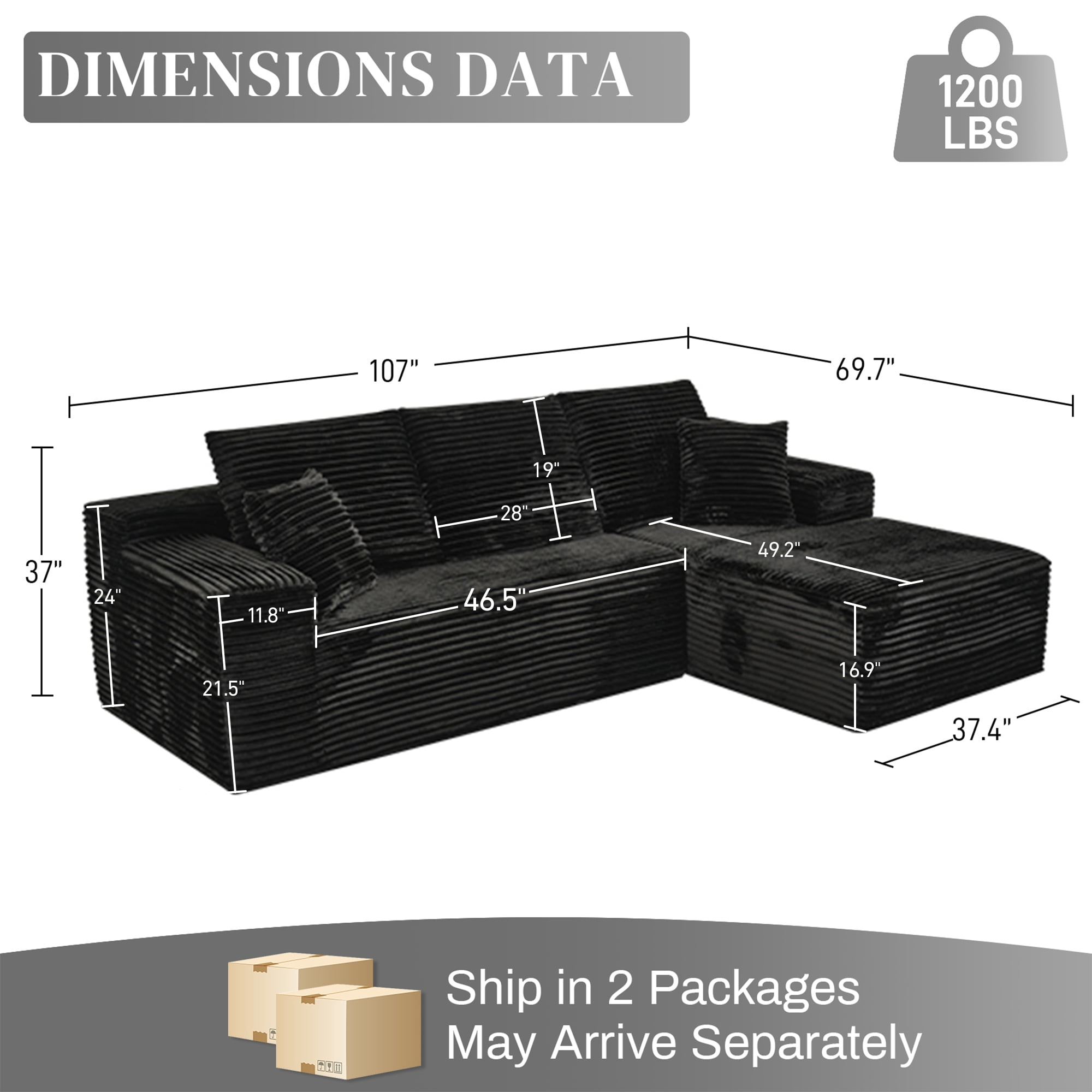 Aukfa 107" Cloud Modular Sectional Couch with Right-Facing Chaise, Corduroy Deep Seat Boneless Sofa for Living Room, Apartment, Black