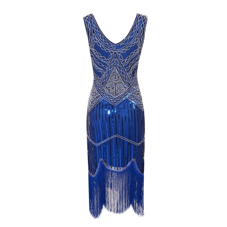 1920s dress blue ZAPAKA Women Royal Blue 1920s Dress with Fringes V Neck Sleeveless Gatsby  Sequin Bodycon Flapper Dress – ZAPAKA NZ main image 0