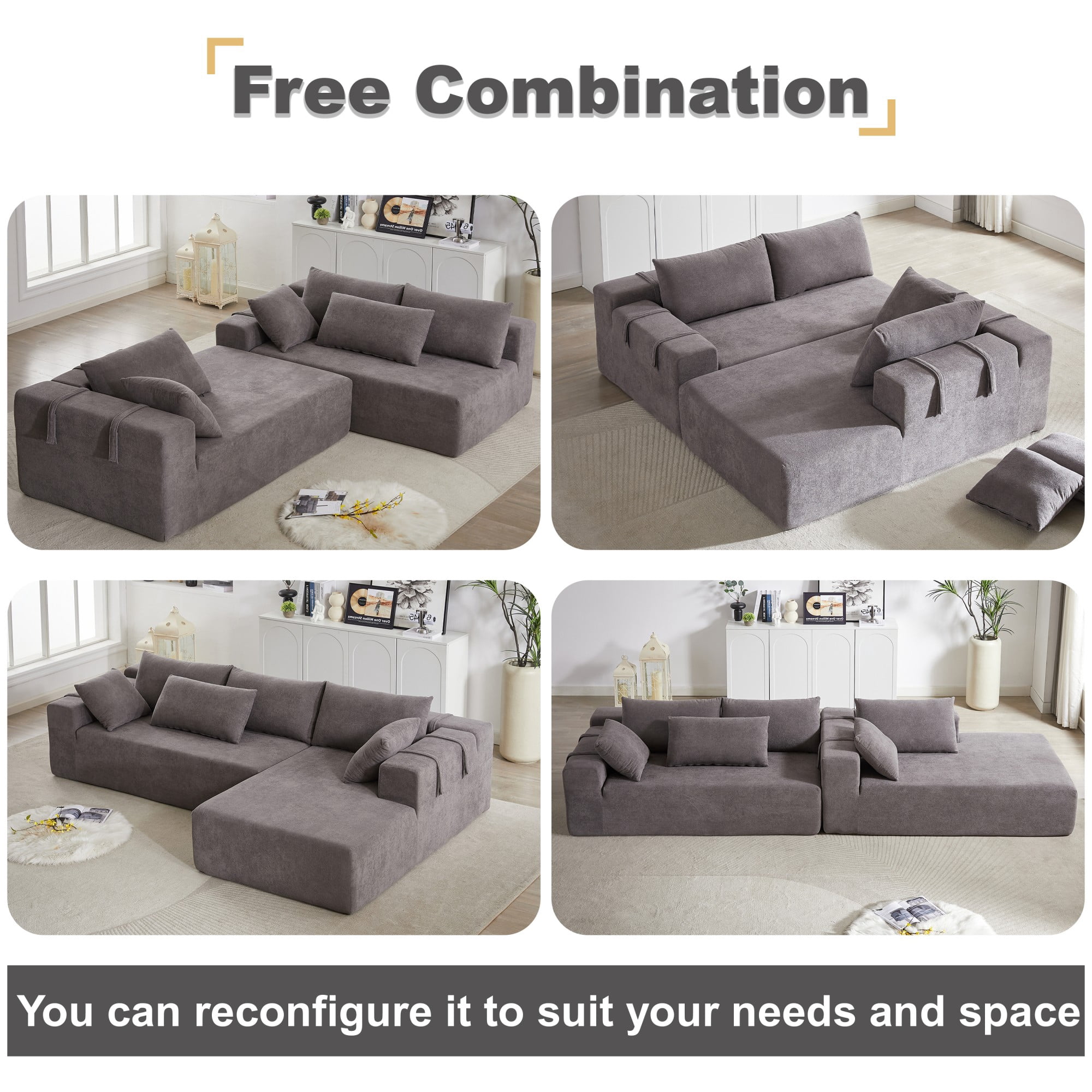 Modern Upholstered Sectional Sofa Couch,108" L Shaped Chenille Modular Free Combination Sofa Couch With 6 Pillows for Living Room,Bedroom,Left Chaise,Grey