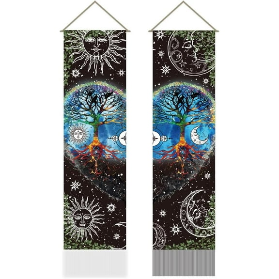2 Pcs Tree of Life Tapestry Flower Vines Long Vertical Tapestry Wall Hanging Sun and Moon Tassel Wall Tapestry Mystic Aesthetic Tapestry for Bedroom and Living Room(45.7x13 Inch)