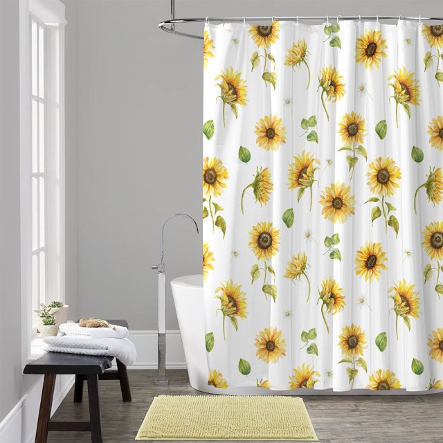 Cortina de ducha de girasol amarillo para decoración de baño, cortina de baño de tela impermeable con estampado de plantas botánicas florales rústicas, 1 ud. JAMW Sencillez