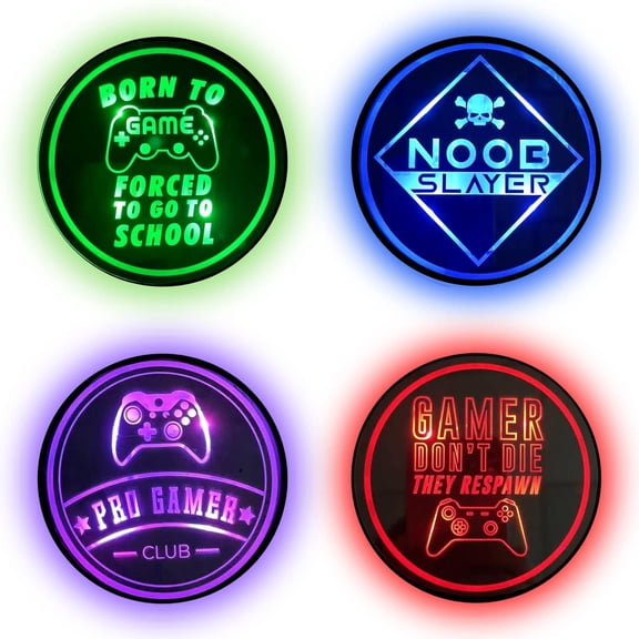Gaming Coasters by Dreamcontroller: USB rechargeable LED coasters for gamer room decor. Light up your gaming desk with 3.7" anime-themed coasters. Perfect nerdy man cave gift!
