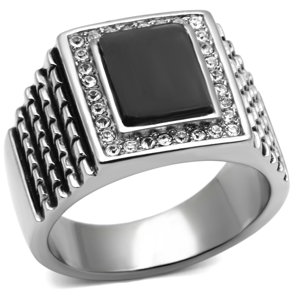 Men's Classy Synthetic Jet Black Stone Yellow Gold IP Stainless Ring 8-13 TK3221