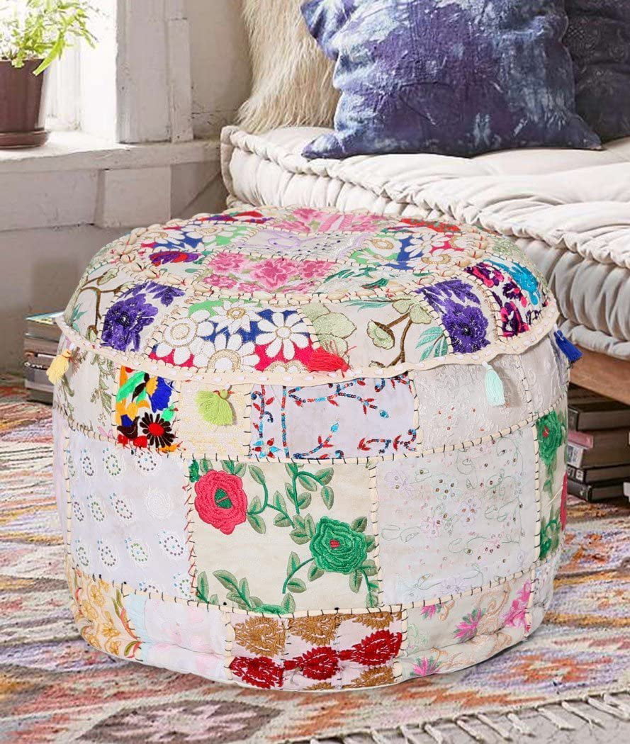 Top Quality Indian Cotton Round Floor Pillow Foot Stool Ottoman Pouf Cover Art 